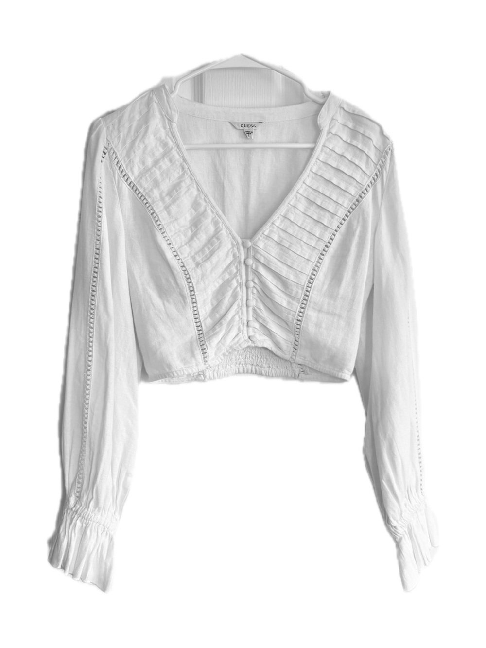 Guess White Cropped V-Neck Pintuck Peasant Top